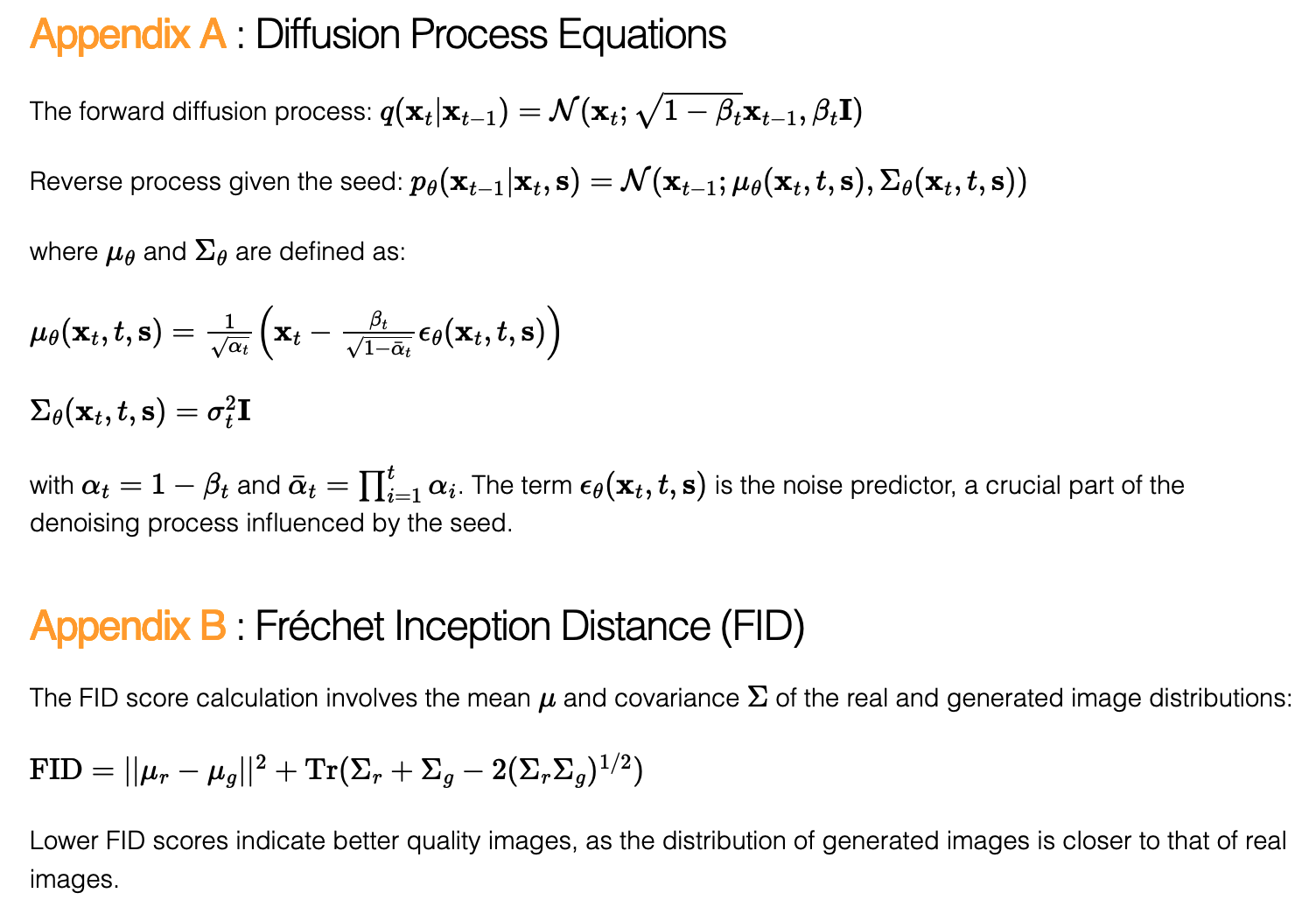 Diffusion Process Equations and Fréchet Inception Distance (FID)