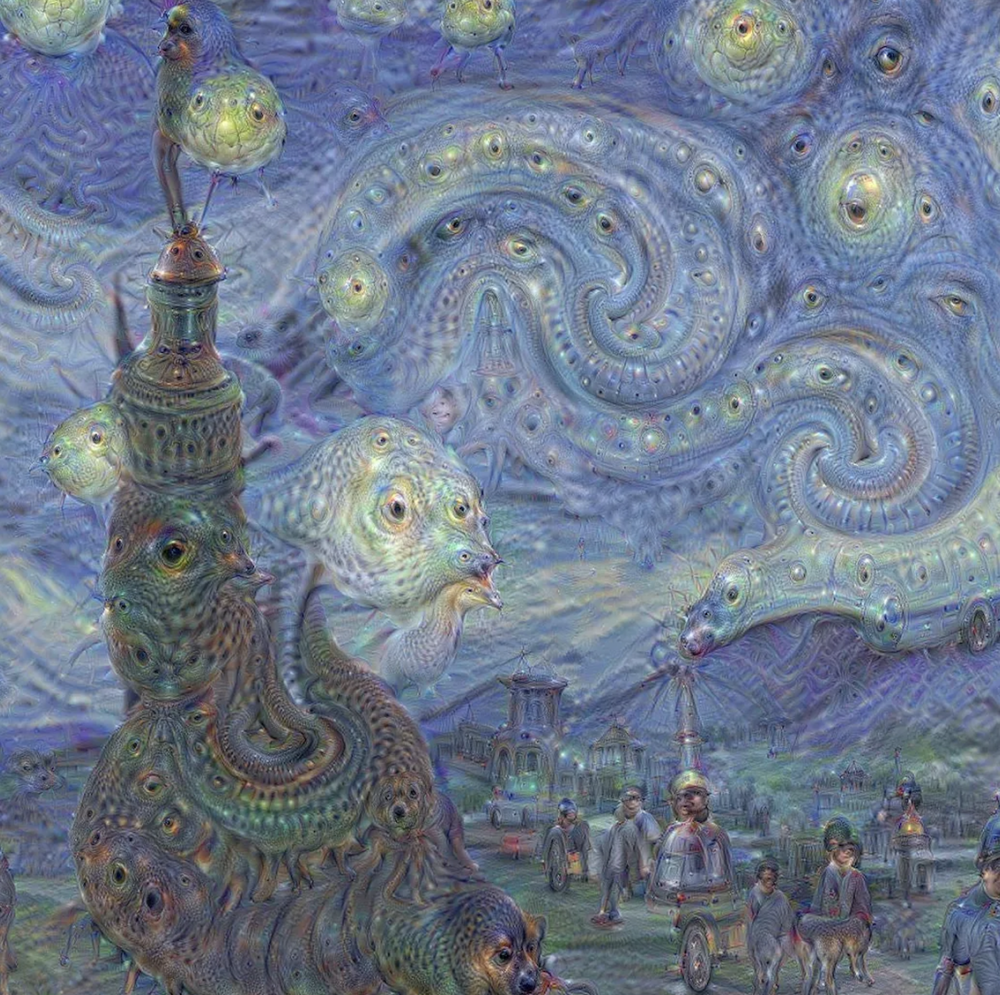 AI art created using DeepDream: Alexander Mordvintsev’s take on Van Gogh’s Starry Night, 2015