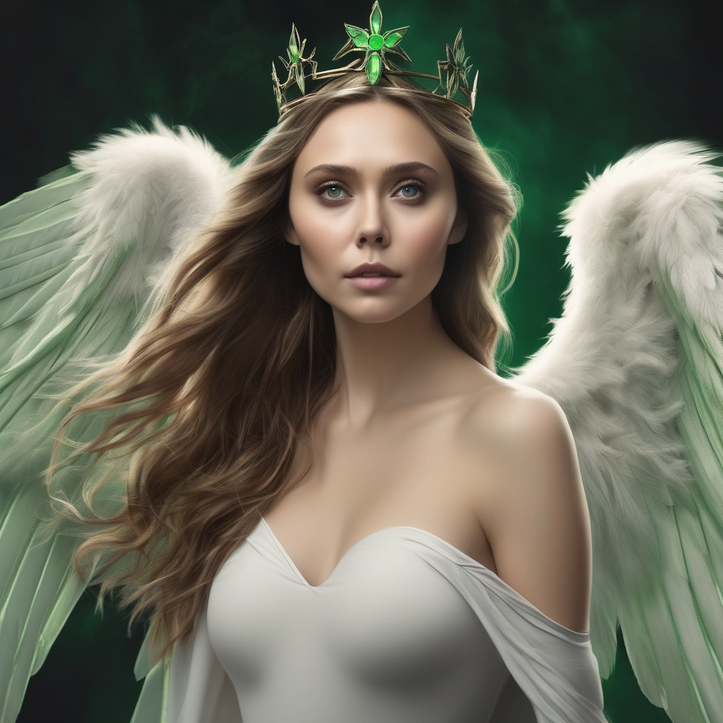  Angel girl, black wings, heaven, small breasts, flying, crown on her head,cute face, green eyes, serious, Elizabeth Olsen,nude, realistic photo