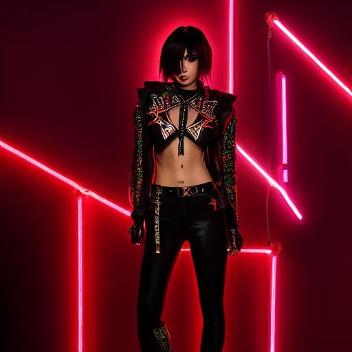  anime artwork A photo of a punk-inspired, edgy-looking young woman with a slender frame, black hair, wearing dystopic fashion, lowrise pants, a revealing crop top, showing off her midriff and adorned with intricate tattoos, captured in a neon-lit Neotokyo suburb. . anime style, key visual, vibrant, studio anime,  highly detailed hyperrealistic, full body, detailed clothing, highly detailed, cinematic lighting, stunningly beautiful, intricate, sharp focus, f/1. 8, 85mm, (centered image composition), (professionally color graded), ((bright soft diffused light)), volumetric fog, trending on instagram, trending on tumblr, HDR 4K, 8K