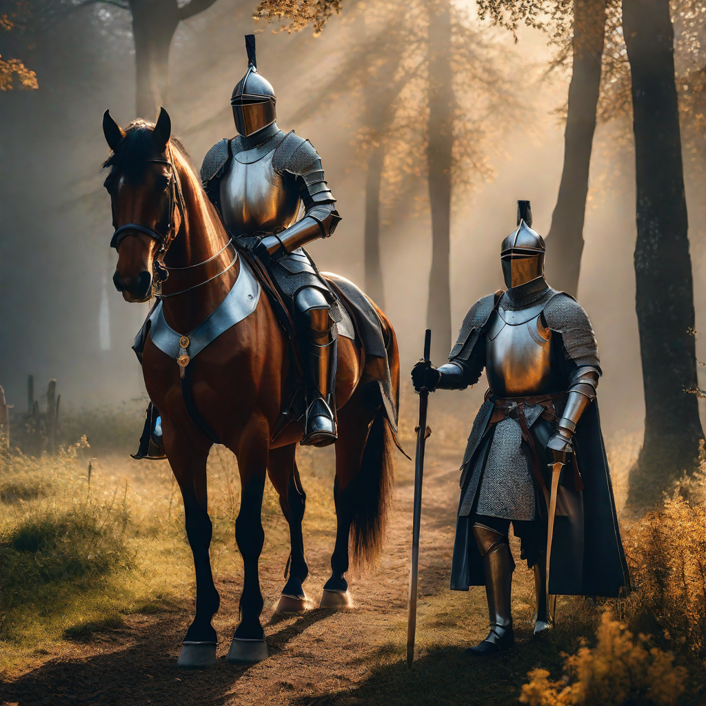  a Knight and a horse hyperrealistic, full body, detailed clothing, highly detailed, cinematic lighting, stunningly beautiful, intricate, sharp focus, f/1. 8, 85mm, (centered image composition), (professionally color graded), ((bright soft diffused light)), volumetric fog, trending on instagram, trending on tumblr, HDR 4K, 8K