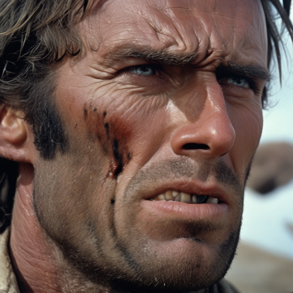  Close-up of man's eyes, rage and anger in them, reference scene with Clint Eastwood in The Good Bad Bad Evil, bushy eyebrows, abrasions, squint, camera covers only eyes, setting 17th century, Siberia, comic book western by Sergio Leone, excessive detail, low contrast
