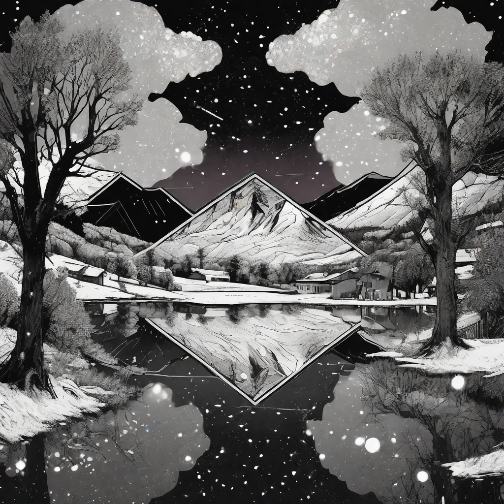  geometric figure, against a glowing large neon rectangle, lake, night, reflection, neon, mountain farm under snow | Vercors mountains, France, village, Oak and  pine trees with snow landscape | black and white and greyscale |   strong contrast between all shapes | big black Galaxy and milky way vortex of flowers in the sky background | tarot card desgin | Alphonse Mucha style | styled in Art Nouveau | insanely detailed | | HDR | high intense black and white contrast | embellishments | high definition | high detailled | concept art | digital art | vibrant|