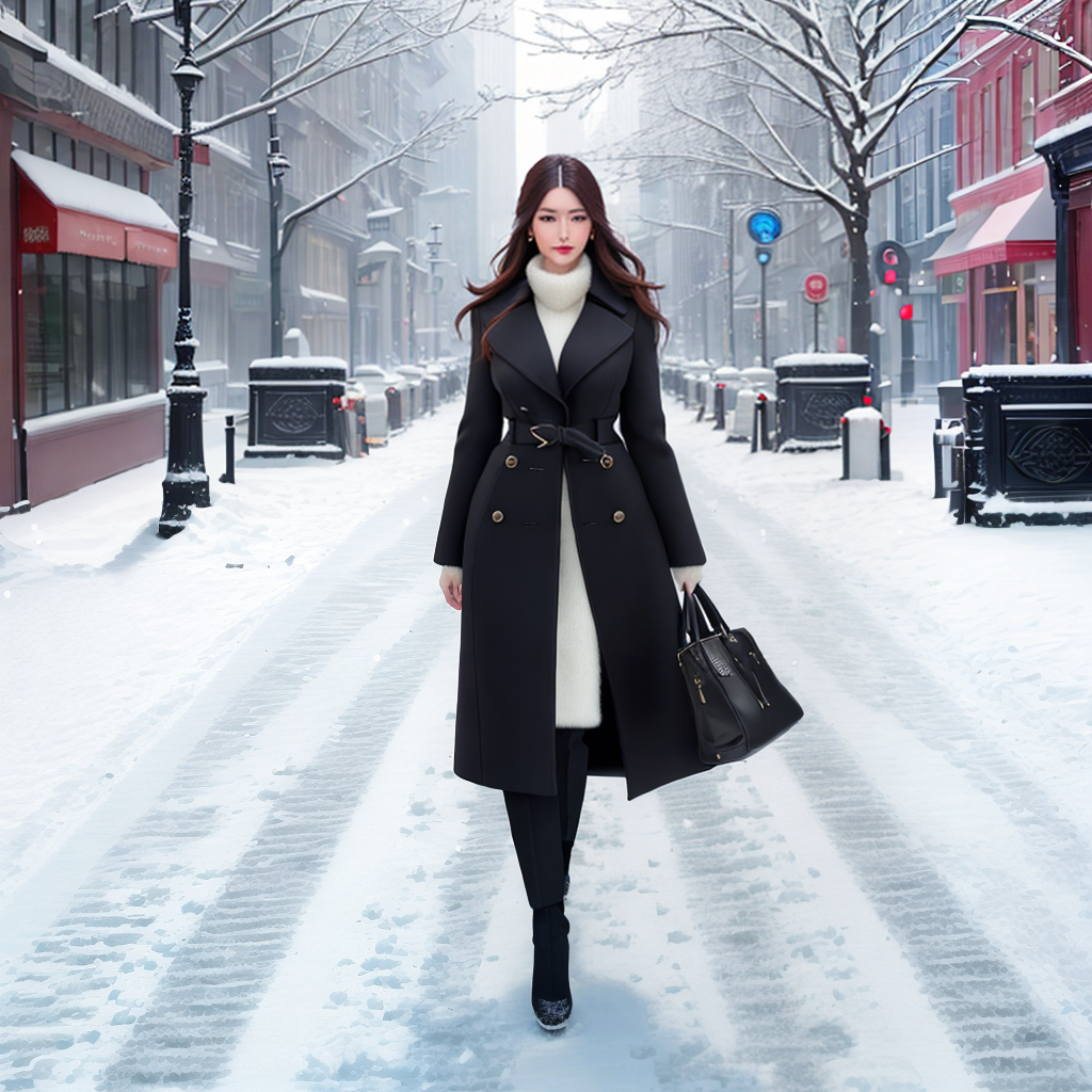  (adult:1.4), Luxury mature woman, long coat, on street, winter, snow, windy, masterpiece, (detailed face), (detailed clothes), 1 girl, (woman), f/1.4, ISO 200, 1/160s, 4K, unedited, symmetrical balance, in-frame hyperrealistic, full body, detailed clothing, highly detailed, cinematic lighting, stunningly beautiful, intricate, sharp focus, f/1. 8, 85mm, (centered image composition), (professionally color graded), ((bright soft diffused light)), volumetric fog, trending on instagram, trending on tumblr, HDR 4K, 8K