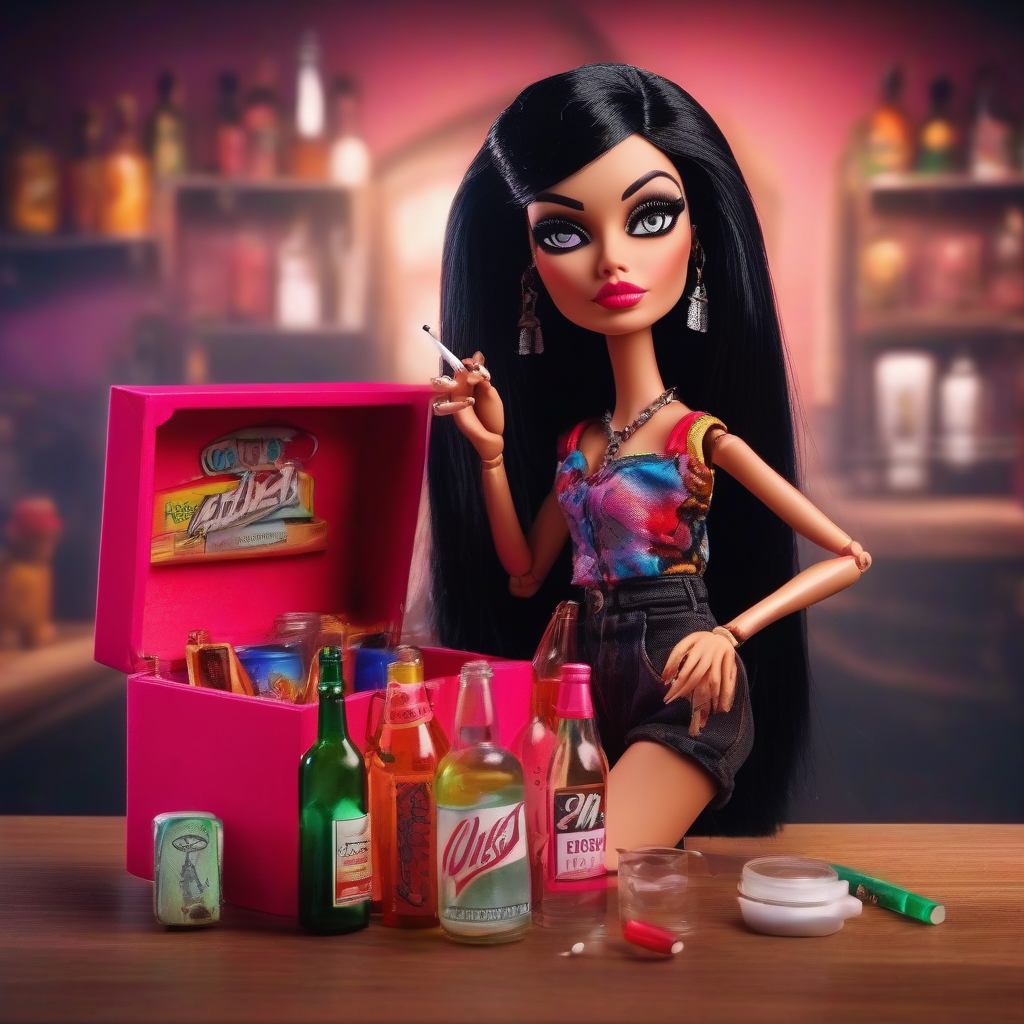  doll box with bratz doll with black hair as a harlot with cigarette and alcohol. Realistic details, dynamic pose, vibrant colors, UHD, RevAnimated V2.0.