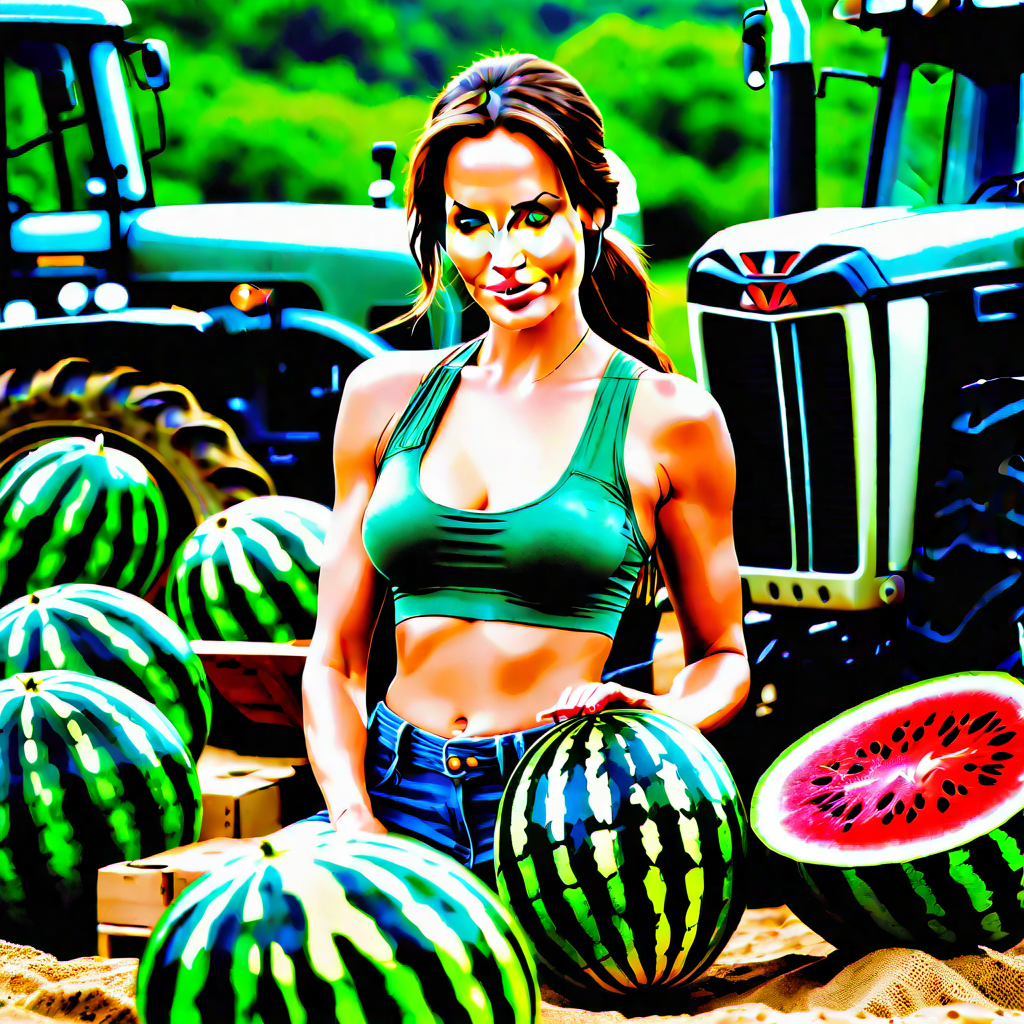  cinematic photo Lara Croft holds two watermelons in her hands, whole watermelons, Angelina Jolie, a slight smile, a tractor in the background . 35mm photograph, film, bokeh, professional, 4k, highly detailed