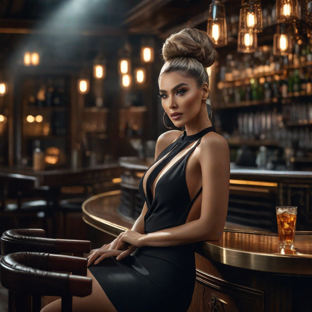 Alluring woman, high bun hair, black dress, sitting in bar, masterpiece, perfect lighting, (beautiful face), (detailed face), (detailed clothes), 1 girl, (woman), 4K, ultrarealistic, unedited, symmetrical balance, in-frame" hyperrealistic, full body, detailed clothing, highly detailed, cinematic lighting, (raining) stunningly beautiful, intricate, sharp focus, f/1. 8, 85mm, (centered image composition), (professionally color graded), ((bright soft diffused light)), volumetric fog, trending on instagram, trending on tumblr, HDR 4K, 8K hyperrealistic, full body, detailed clothing, highly detailed, cinematic lighting, stunningly beautiful, intricate, sharp focus, f/1. 8, 85mm, (centered image composition), (professionally color graded), ((bright soft diffused light)), volumetric fog, trending on instagram, trending on tumblr, HDR 4K, 8K