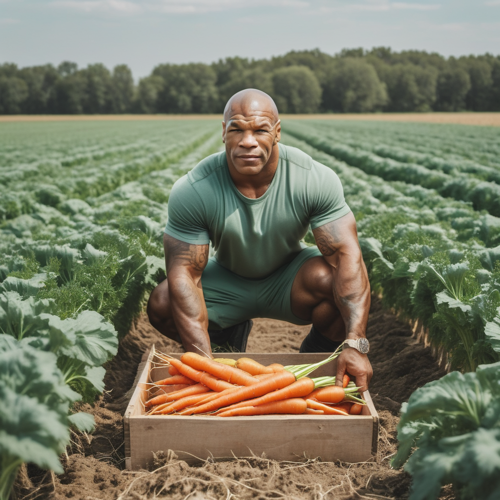  RAW photo of a Mike Tyson harvests carrots in a field, the style of realistic hyper-detailed, instagram, colorized, ((detailed face))