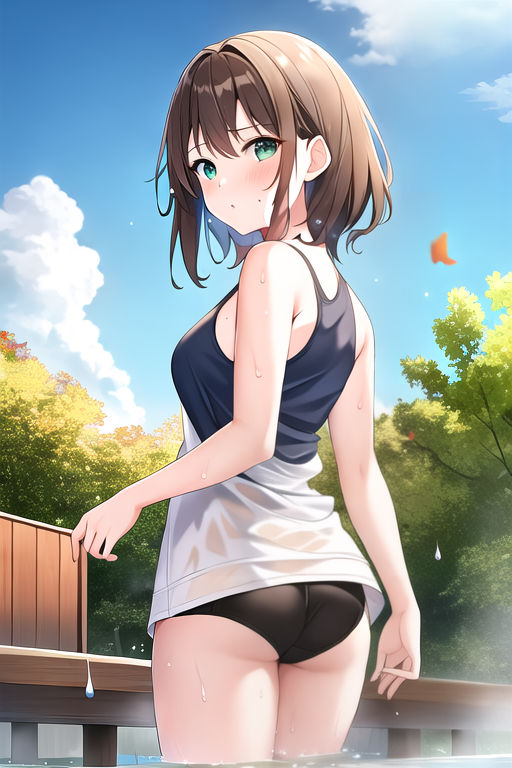  1girl, brown hair, green eyes, colorful, autumn, cumulonimbus clouds, lighting, blue sky, falling leaves, garden, (( wet clothes )), (( wet )), (( sweat )), (( white tank top )), (( water )), (( raining )), (( wading )), (( hand up )), (( back ))