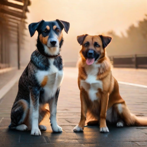  two dogs in one frame hyperrealistic, full body, detailed clothing, highly detailed, cinematic lighting, stunningly beautiful, intricate, sharp focus, f/1. 8, 85mm, (centered image composition), (professionally color graded), ((bright soft diffused light)), volumetric fog, trending on instagram, trending on tumblr, HDR 4K, 8K