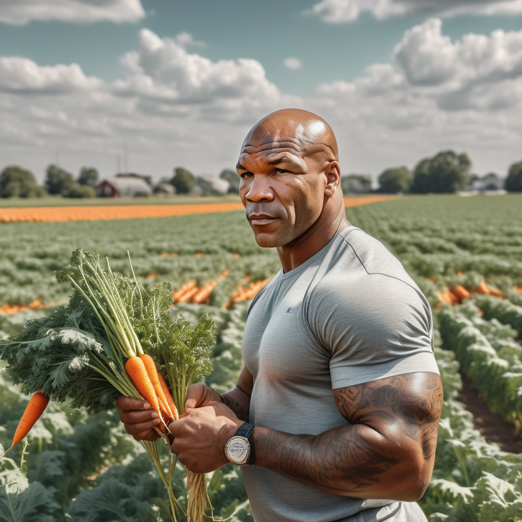  RAW photo of a Mike Tyson harvests carrots in a field, the style of realistic hyper-detailed, detailed facial features, dry, heat exhaustion cityscape, metallic ethereal Ian, eye-catching detail, blink-and-you-miss-it-detail, instagram, colorized, ((detailed face))