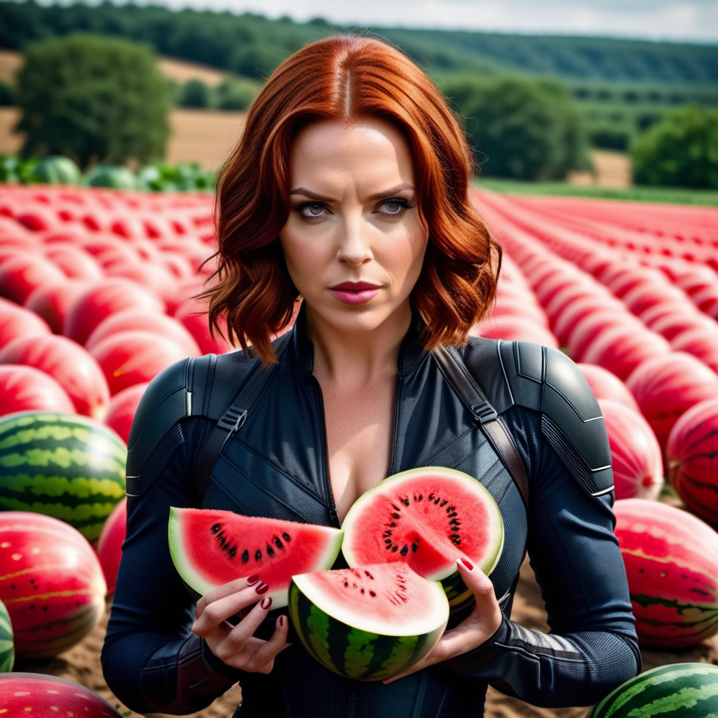  cinematic film still black widow holding two watermelons in her hands, Natasha Romanoff, watermelon field . shallow depth of field, vignette, highly detailed, high budget, bokeh, cinemascope, moody, epic, gorgeous, film grain, grainy