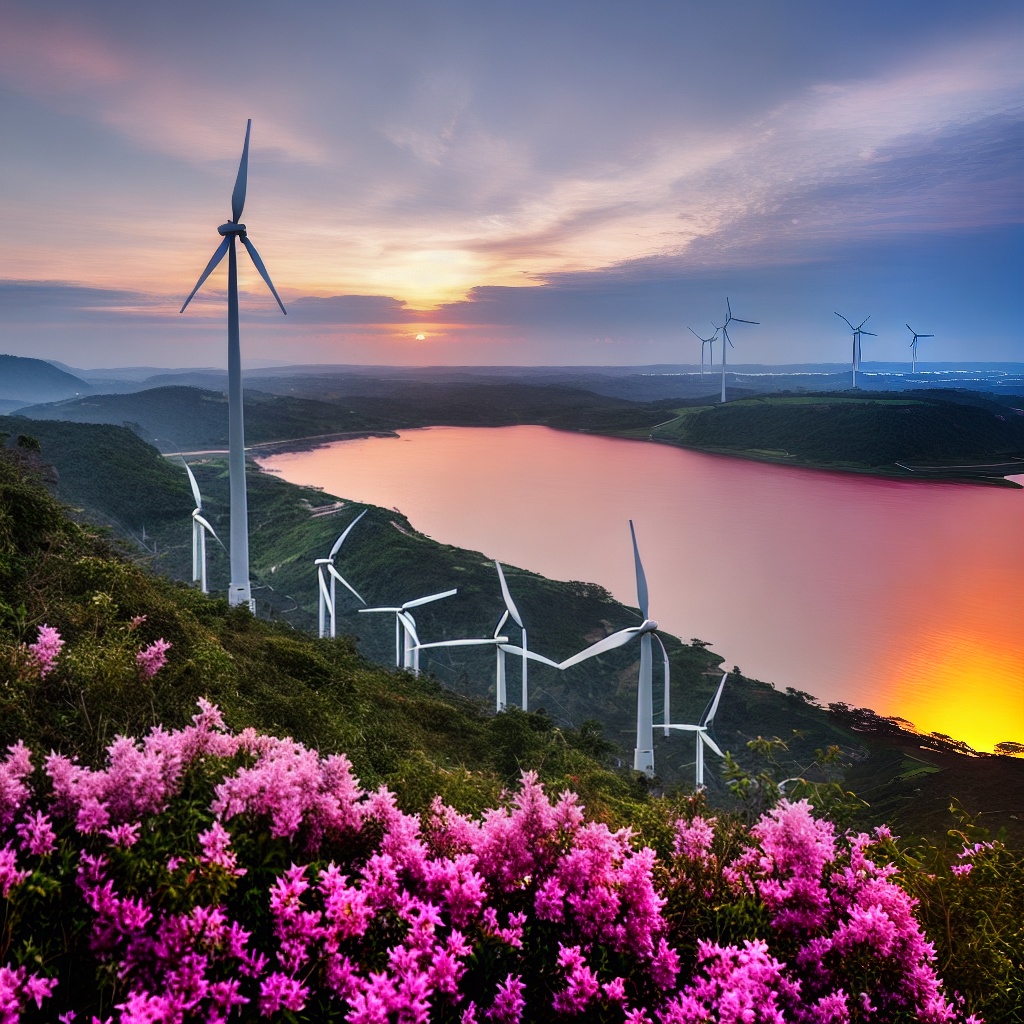  ((masterpiece)), (((best quality))), 8k, high detailed, ultra-detailed. A panoramic view of wind turbines standing tall on the outskirts of Sri Lanka, with a map of Sri Lanka in the foreground. The turbines are gracefully spinning in the breeze, casting long shadows on the lush green landscape. The sky above is painted in shades of orange and pink as the sun sets behind the turbines. The map of Sri Lanka is intricately detailed, showcasing its cities, rivers, and mountains. The overall scene is serene and awe-inspiring, capturing the harmonious coexistence of nature and clean energy. hyperrealistic, full body, detailed clothing, highly detailed, cinematic lighting, stunningly beautiful, intricate, sharp focus, f/1. 8, 85mm, (centered image composition), (professionally color graded), ((bright soft diffused light)), volumetric fog, trending on instagram, trending on tumblr, HDR 4K, 8K