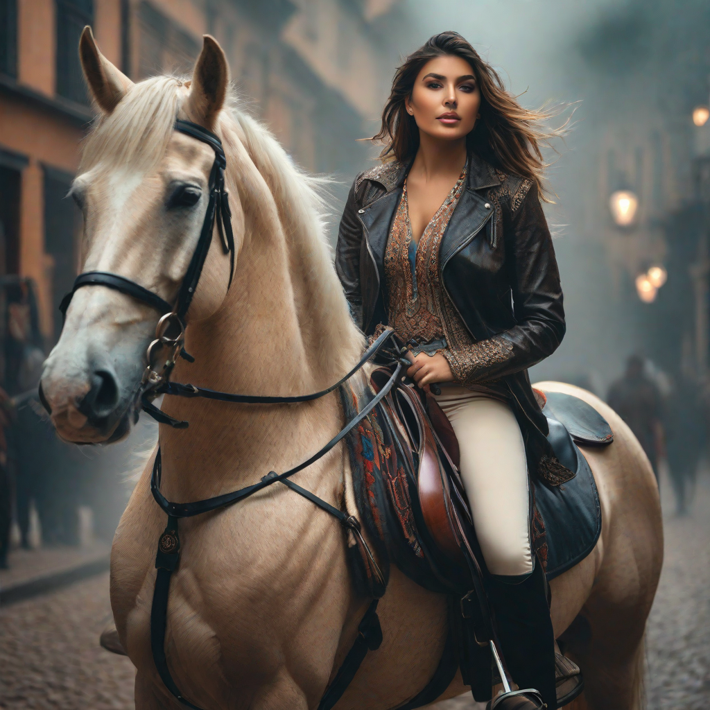  None girl on the horse hyperrealistic, full body, detailed clothing, highly detailed, cinematic lighting, stunningly beautiful, intricate, sharp focus, f/1. 8, 85mm, (centered image composition), (professionally color graded), ((bright soft diffused light)), volumetric fog, trending on instagram, trending on tumblr, HDR 4K, 8K