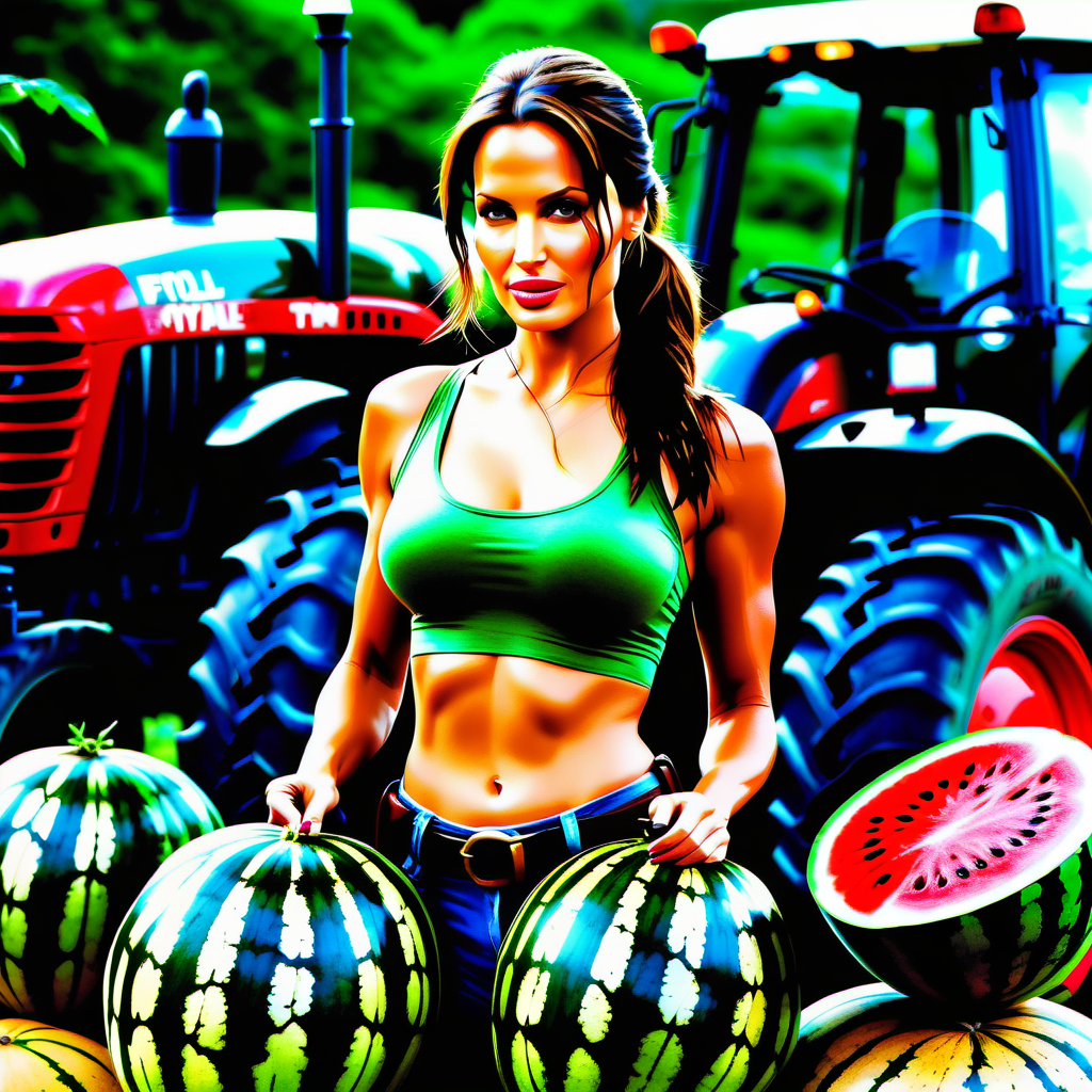  cinematic photo Lara Croft holds two watermelons in her hands, whole watermelons, Angelina Jolie, a slight smile, full heigh body, a tractor in the background . 35mm photograph, film, bokeh, professional, 4k, highly detailed