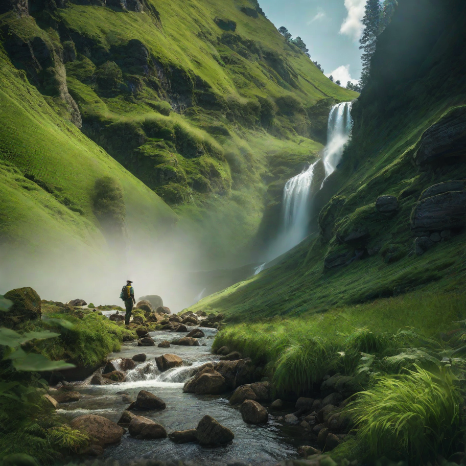  Verdant green hills in the background with a mountain stream flowing through. hyperrealistic, full body, detailed clothing, highly detailed, cinematic lighting, stunningly beautiful, intricate, sharp focus, f/1. 8, 85mm, (centered image composition), (professionally color graded), ((bright soft diffused light)), volumetric fog, trending on instagram, trending on tumblr, HDR 4K, 8K hyperrealistic, full body, detailed clothing, highly detailed, cinematic lighting, stunningly beautiful, intricate, sharp focus, f/1. 8, 85mm, (centered image composition), (professionally color graded), ((bright soft diffused light)), volumetric fog, trending on instagram, trending on tumblr, HDR 4K, 8K