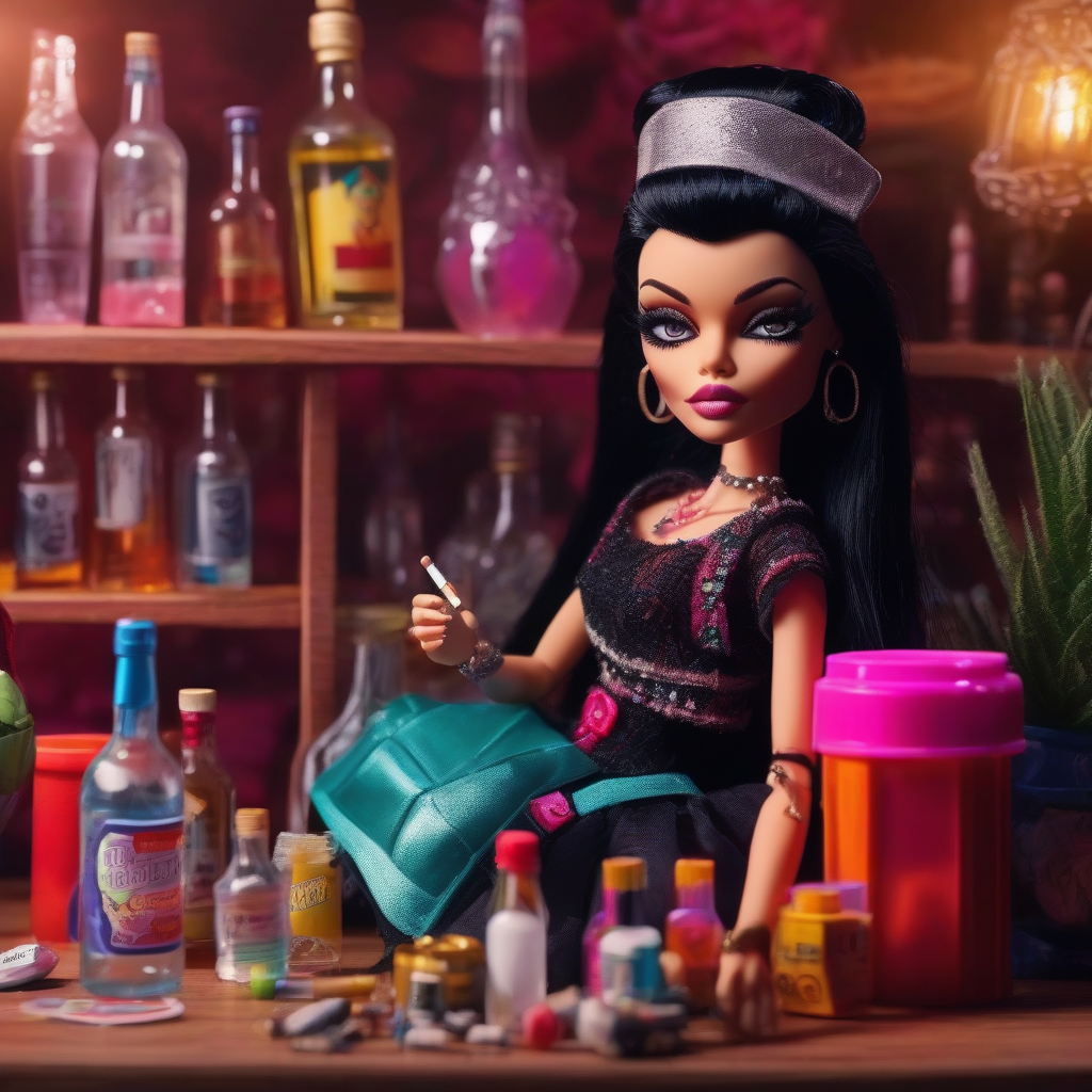  doll box with bratz doll with black hair as a harlot with cigarette, alcohol and drugs. Realistic details, dynamic pose, vibrant colors, UHD, RevAnimated V2.0.