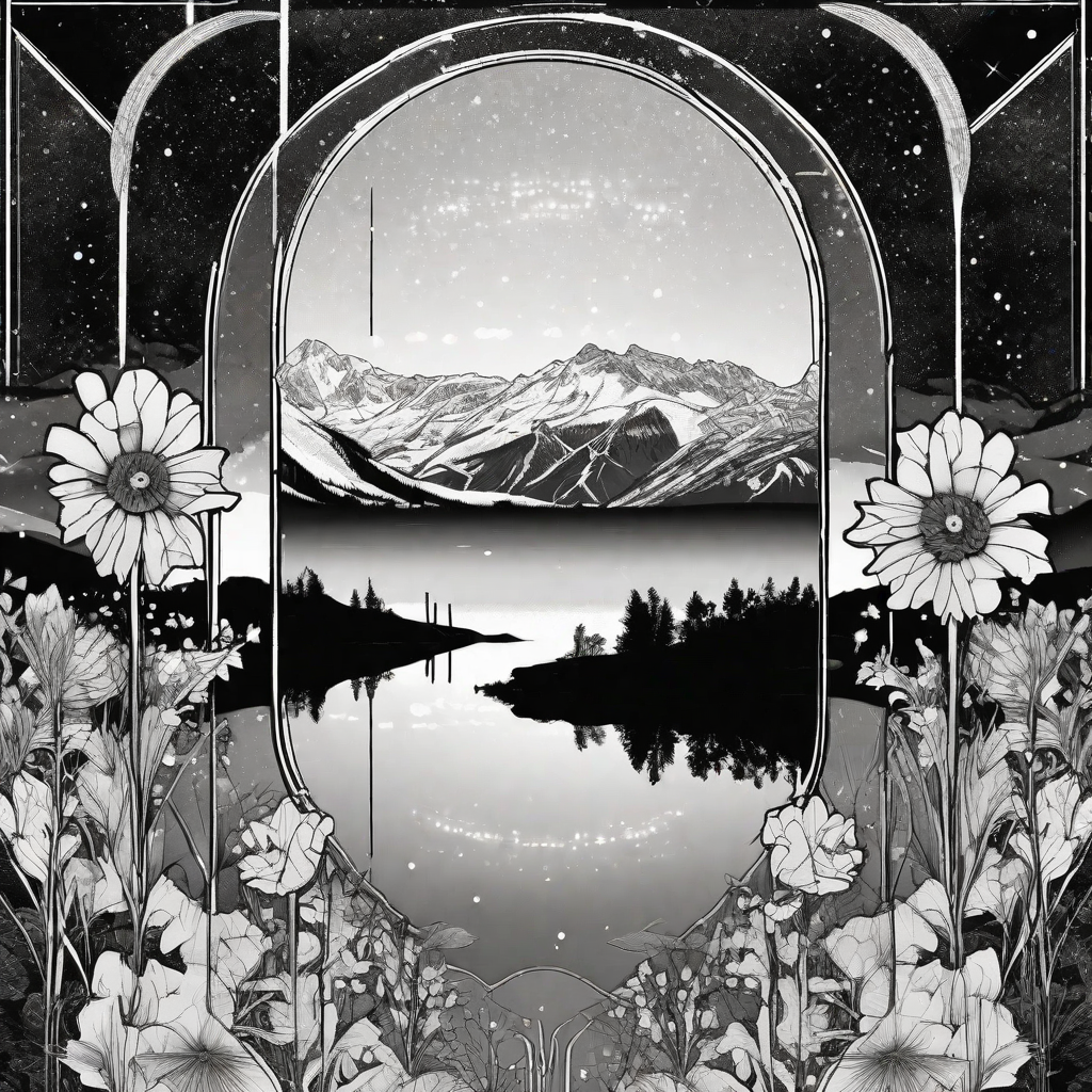  geometric figure, against a glowing large neon rectangle, lake, night, reflection, neon, mountain farm under snow | Vercors mountains, France, village, Oak and  pine trees with snow landscape | black and white and greyscale |   strong contrast between all shapes | big black Galaxy and milky way vortex of flowers in the sky background | tarot card desgin | Alphonse Mucha style | styled in Art Nouveau | insanely detailed | | HDR | high intense black and white contrast | embellishments | high definition | high detailled | concept art | digital art | vibrant|