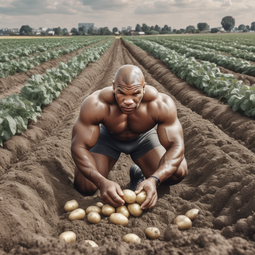  RAW photo of a Mike Tyson digging potatoes in a potato field the style of realistic hyper-detailed portraits, detailed facial features, dry, heat exhaustion cityscape, metallic ethereal Ian, eye-catching detail, blink-and-you-miss-it-detail, instagram, colorized, ((detailed face))