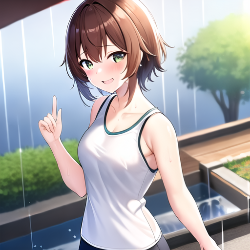  masterpiece, best quality, 1,  uniform, virtual youtuber, genshin impact, smile, face focus, brown hair, ((  clothes )), ((  )), (( sweat )), (( white tank top )), (( water )), (( raining )), (( wading )), (( hand up )), (( back ))