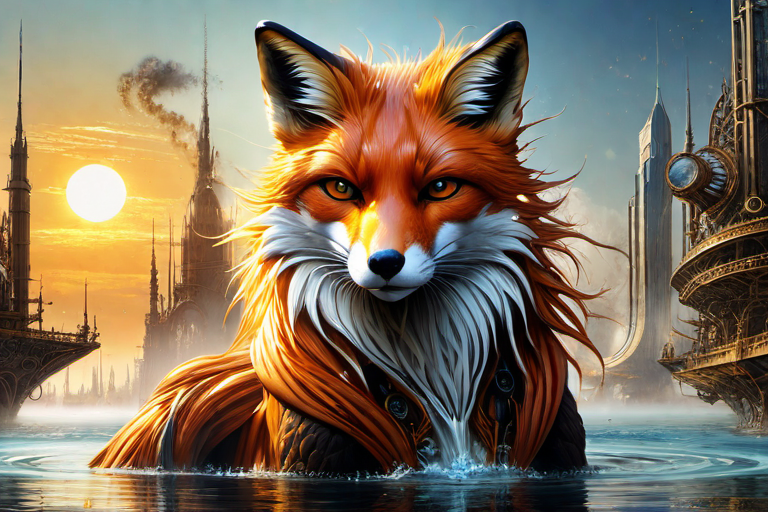  Steampunk Cybernetic Fox, Hyperrealistic animal anatomy, Splash of water and fire, sun bursting explosion atmosphere, Extremely beautiful concept, Innovation, Visionary sci-fi artefact, bright intelligence, intense look, perfect eyes, delicate face, dynamic posture, duality, mysterious Utopia in the Urban Background, Generated Shere, Beads, mother-of-pearl, Chrome, Deep tonalities, amber jewels, Jean-Baptiste Monge art, Karol Bak art, Luis royo influence, Art by Kyrielle, Ciro Marcetti style, volumetric lighting, metal reflections, perfect composition, watercolor technics, perfect composition, beautiful detailed intricate insanely detailed octane render trending on artstation, 8 k artistic photography, photorealistic concept art, soft natur