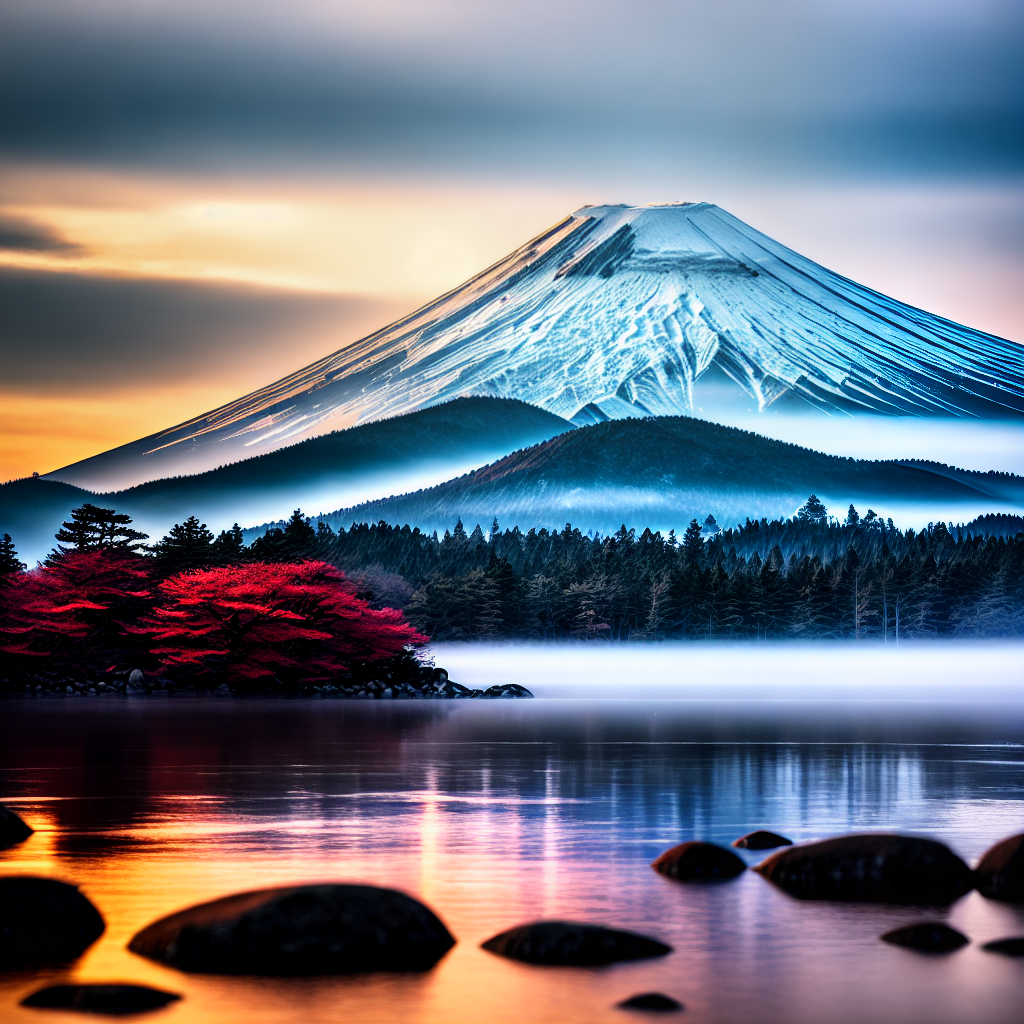  ((masterpiece)),(((best quality))), 8k, high detailed, ultra-detailed, A breathtaking view of Japan's iconic Mount Fuji hyperrealistic, full body, detailed clothing, highly detailed, cinematic lighting, stunningly beautiful, intricate, sharp focus, f/1. 8, 85mm, (centered image composition), (professionally color graded), ((bright soft diffused light)), volumetric fog, trending on instagram, trending on tumblr, HDR 4K, 8K