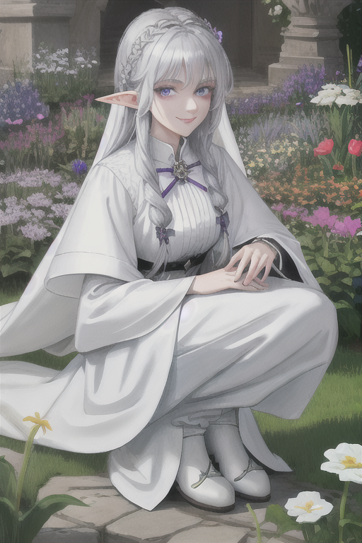  Silver hair, purple eye, elf, saint, white dress lobe, smiling with a knee in the flower garden