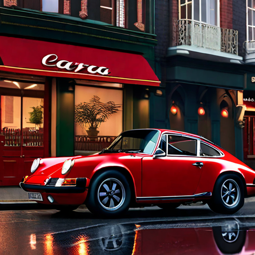  Photorealistic, Detailed, A dark metallic red Porsche Carerra (year of manufacture 1972), parking on a downtown main street with shops, in front of a irish pub, rainy weather, puddles on the street, people walking on street, skyscrapers in background, soft very late afternoon light, 8K, HD, detailed. hyperrealistic, full body, detailed clothing, highly detailed, cinematic lighting, stunningly beautiful, intricate, sharp focus, f/1. 8, 85mm, (centered image composition), (professionally color graded), ((bright soft diffused light)), volumetric fog, trending on instagram, trending on tumblr, HDR 4K, 8K