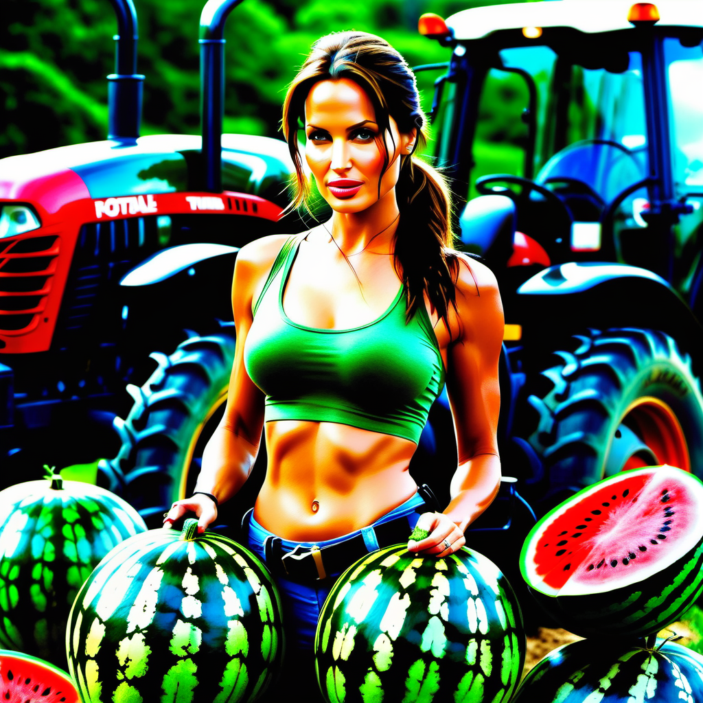  cinematic photo Lara Croft holds two watermelons in her hands, whole watermelons, Angelina Jolie, a slight smile, full heigh body, a tractor in the background . 35mm photograph, film, bokeh, professional, 4k, highly detailed