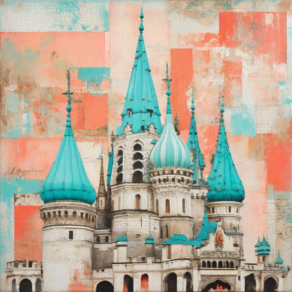 None mixed media painting, modern royal castle print collage, cyan and coral