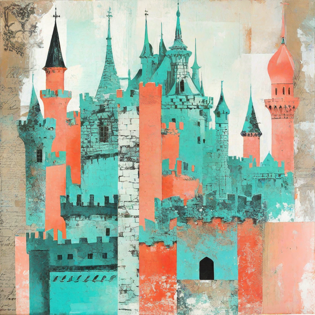  None mixed media painting, modern royal castle print collage, cyan and coral