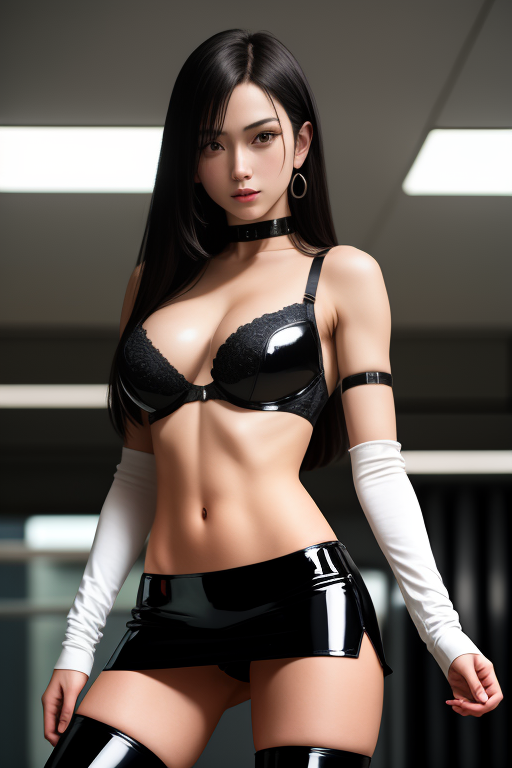  (adult:1.4), (wearing bra and underwear: 1.4) ,Tifa Lockhart, black hair, long hair, tight white shirt, black latex skirt, black latex high heel boots, large breasts, perfect body, tight white crop top , masterpiece, (detailed face), (detailed clothes), 1 girl, (woman), f/1.4, ISO 200, 1/160s, 4K, unedited, symmetrical balance, in-frame