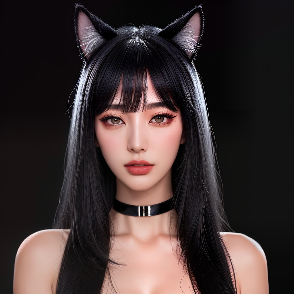  1girl, Chinese Style,animal ears, bangs, black choker, black hair, black eyes, blurry, cat ears, choker, closed mouth, collarbone, eyelashes, lips, long hair, looking at viewer, portrait, solo,(shiny skin),realistic,fashi-girl,mature female hyperrealistic, full body, detailed clothing, highly detailed, cinematic lighting, stunningly beautiful, intricate, sharp focus, f/1. 8, 85mm, (centered image composition), (professionally color graded), ((bright soft diffused light)), volumetric fog, trending on instagram, trending on tumblr, HDR 4K, 8K