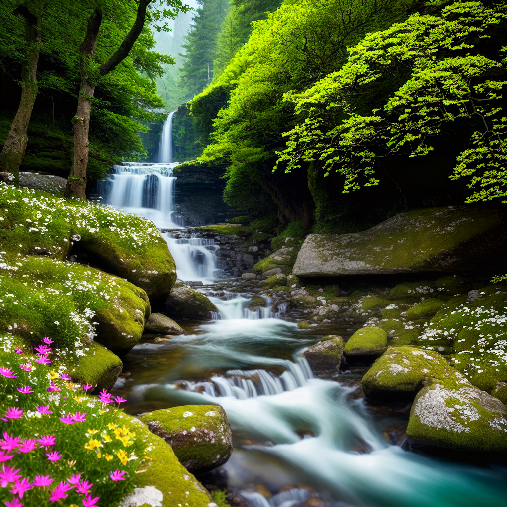  A serene nature scene masterpiece, with the best quality, 8k resolution, and high detailed. The main subject of the scene is a peaceful river flowing through a lush forest. The main elements include (sunlight filtering through the trees), (colorful wildflowers) blooming along the riverbank, (birds chirping) in the distance, (a family of deer) grazing peacefully nearby, and (a majestic waterfall) cascading down the mountainside in the background. hyperrealistic, full body, detailed clothing, highly detailed, cinematic lighting, stunningly beautiful, intricate, sharp focus, f/1. 8, 85mm, (centered image composition), (professionally color graded), ((bright soft diffused light)), volumetric fog, trending on instagram, trending on tumblr, HDR 4K, 8K