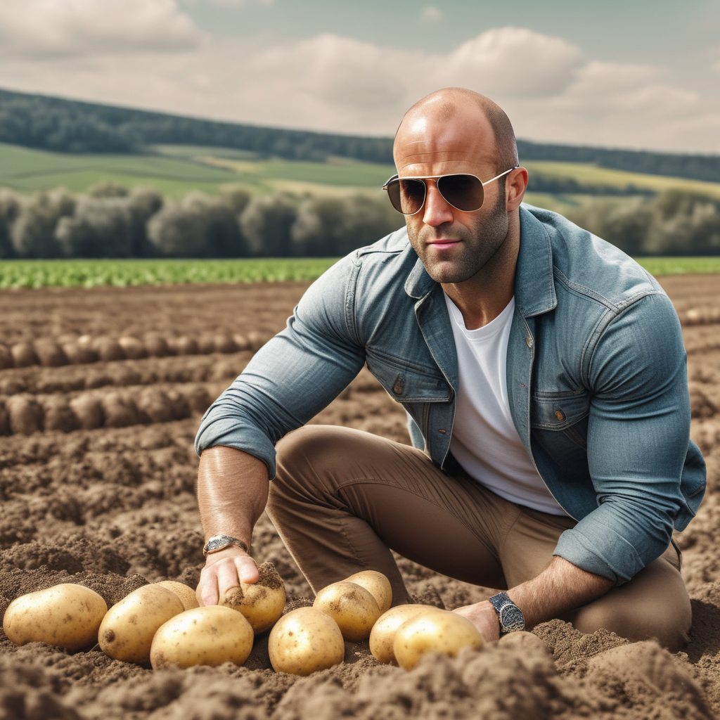  RAW photo of a Jason Statham digging potatoes in a potato field, the style of realistic hyper-detailed, transparent sunglasses, instagram, colorized, ((detailed face))