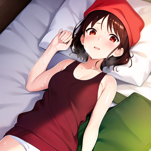  masterpiece, best quality, 1girl, brown cardigan, red beret, dark brown hair, snowy background, drawn by studio ghibli, studio ghibli (style), (( wet clothes )), (( wet )), (( sweat )), (( white tank top )), (( hand up )), (( on back )), (( bed )), (( bedroom ))