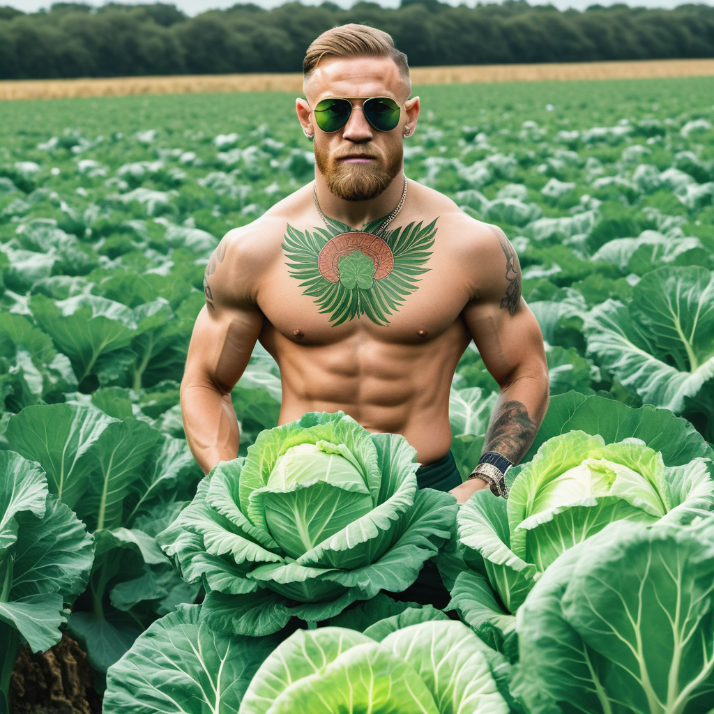  RAW photo of a Conor McGregor harvests cabbages in a field, the style of realistic hyper-detailed, transparent sunglasses, instagram, colorized, ((detailed face))