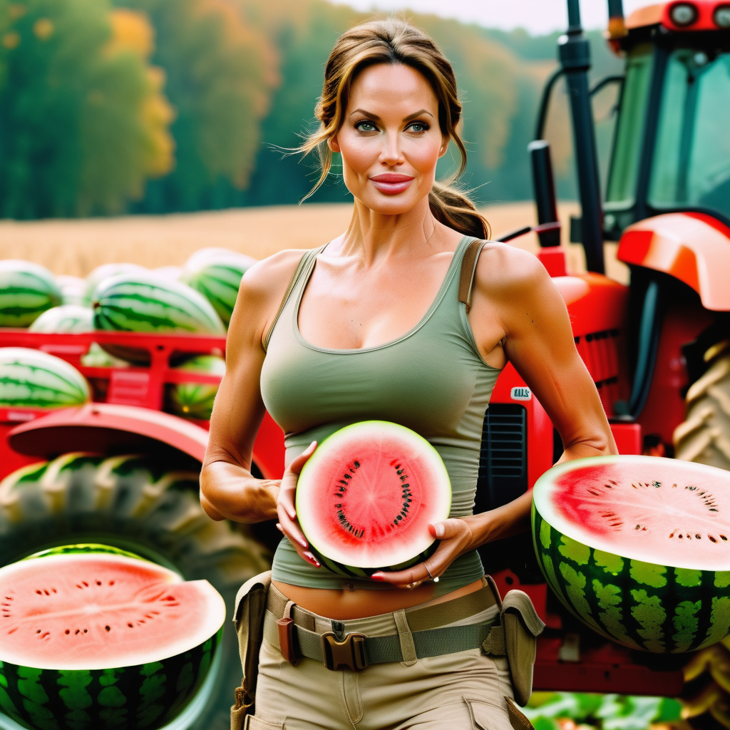  cinematic photo Lara Croft holds two watermelons in her hands, two watermelons pressed to his chest, whole uncut watermelon, Angelina Jolie, a slight smile, action pose, full heigh body, a tractor in the background, autumn . 35mm photograph, film, bokeh, professional, 4k, highly detailed