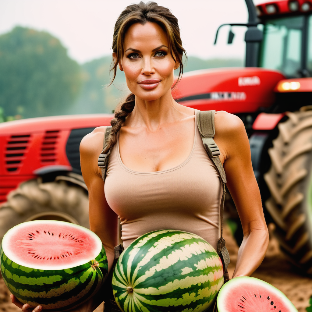  cinematic photo Lara Croft holds two watermelons in her hands, two watermelons pressed to his chest, whole watermelons, Angelina Jolie, a slight smile, action pose, full heigh body, a tractor in the background, autumn . 35mm photograph, film, bokeh, professional, 4k, highly detailed