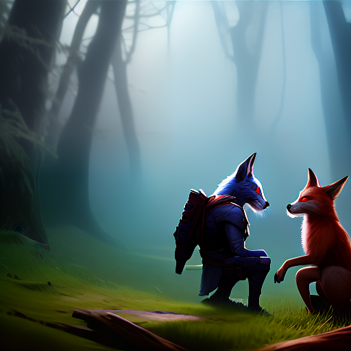 arcane style A picture of two characters, a blue rabbit, a red fox, playing together in the forest, characters focused, happy expression hyperrealistic, full body, detailed clothing, highly detailed, cinematic lighting, stunningly beautiful, intricate, sharp focus, f/1. 8, 85mm, (centered image composition), (professionally color graded), ((bright soft diffused light)), volumetric fog, trending on instagram, trending on tumblr, HDR 4K, 8K