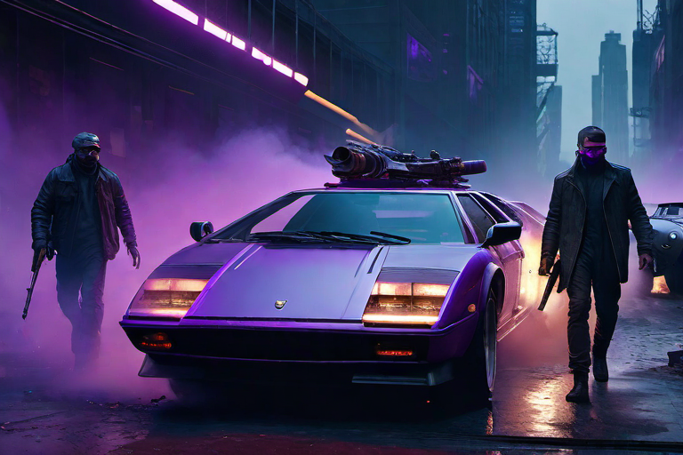  purple lighting rappers with guns wearing ski masks stealing luxury cars, cinematic, 4k, epic Steven Spielberg movie still, sharp focus, emitting diodes, smoke, artillery, sparks, racks, system unit, motherboard, by pascal blanche rutkowski repin artstation hyperrealism painting concept art of detailed character design matte painting, 4 k resolution blade runner