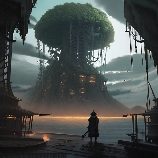  (anime-inspired) artwork showcasing an island suspended in the sky, ensnared by menacing tentacles, while a backdrop of post-apocalyptic devastation adds to the (dark and mysterious ambiance). Incorporate elements of Xianxia fantasy with influences from artists like Siyon Jin and Bada Shanren. The artwork should strike a balance between (digital painting techniques) and (photorealistic qualities), resulting in a (captivating poster art piece). It should be of the best quality, maintaining a (sharp focus) and vivid, (detailed colors).