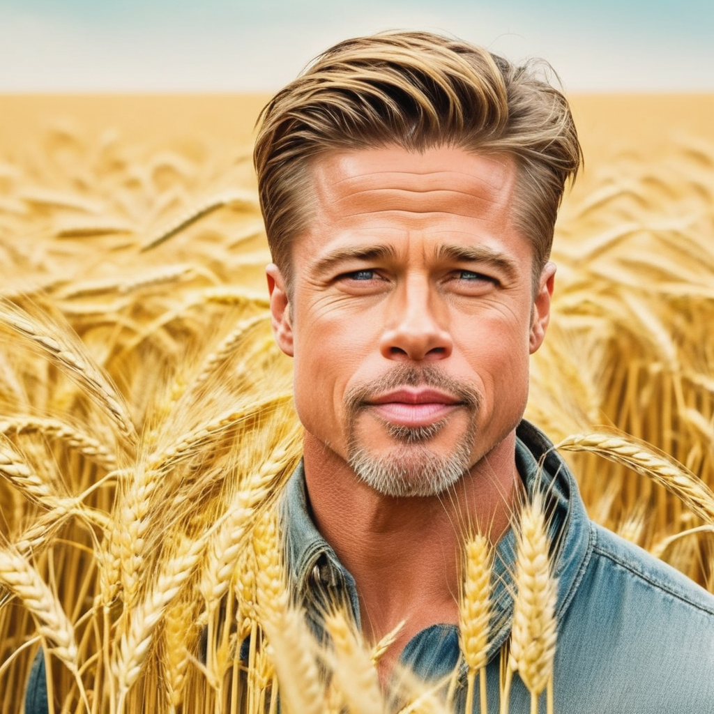  RAW photo of a Brad Pitt harvests a wheat field on a tractor, the style of realistic hyper-detailed, detailed facial features, instagram, colorized, ((detailed face))