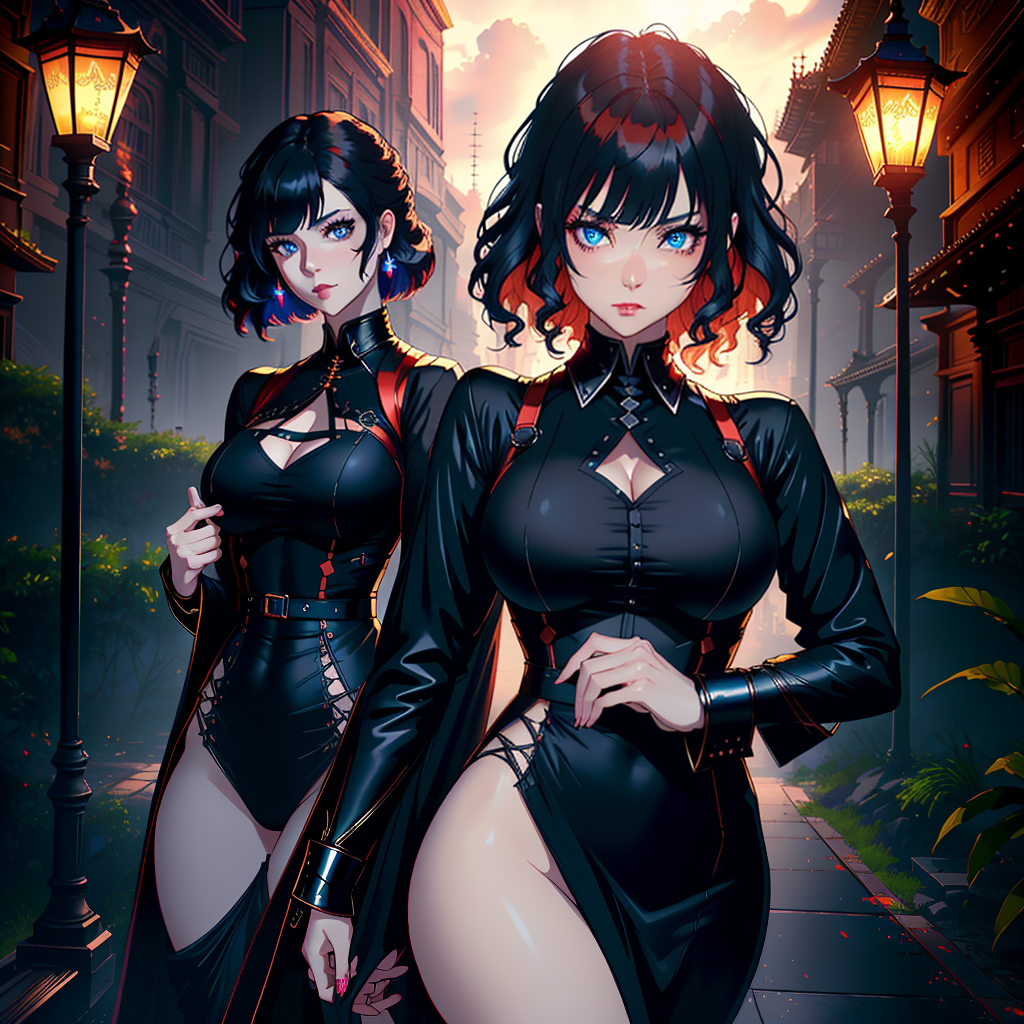  ((trending, highres, masterpiece, cinematic shot, )), 1girl, chibi, female goth clothing, temple scene, short wavy orange hair, asymmetrical bangs, blue eyes, shy personality, mischievous expression, realistic skin, epic, energetic hyperrealistic, full body, detailed clothing, highly detailed, cinematic lighting, stunningly beautiful, intricate, sharp focus, f/1. 8, 85mm, (centered image composition), (professionally color graded), ((bright soft diffused light)), volumetric fog, trending on instagram, trending on tumblr, HDR 4K, 8K