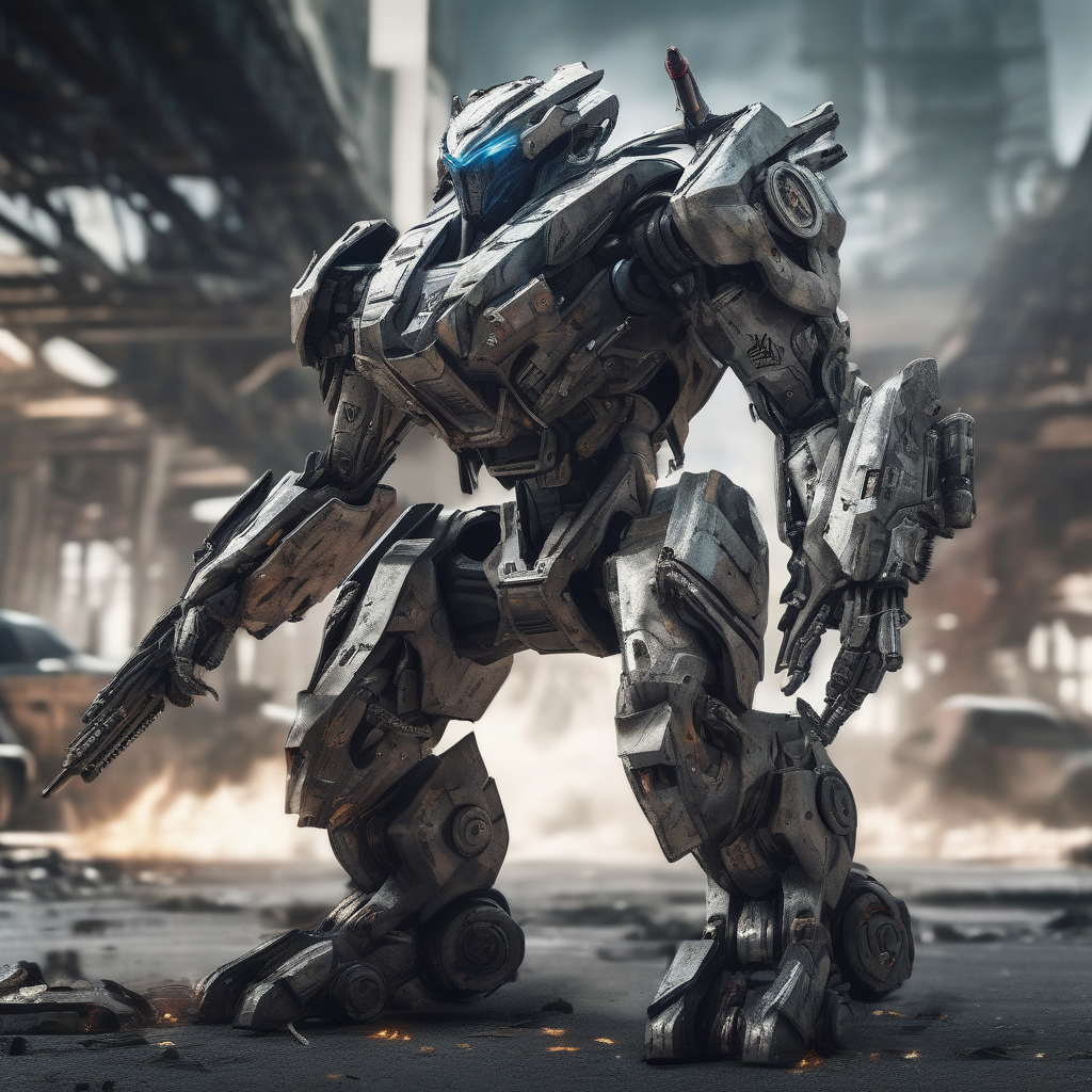  Fierce and extremely aggressive warrior of the future, against the background of slain enemies on the ground, post-apocalypse, futuristic weapons, many armors, warrior against the background of a futuristic 6-wheeled vehicle, made of high-detailed metal, a killer look in the attack stance, features and mechanisms are visible, incl. with a robotic head, body and head, with metal wheels and a cyber core, with extremely detailed physics-based servos/joints. Photo. 32K photo dark black and white 8k cinematic focus high detail origami cyberpunk sheet metal with tattoos and scars, highly detailed photo, realistic like a real live warrior, 3d render, origami armor details, armor with inscriptions, armor scratched and battered, detailed small inscr
