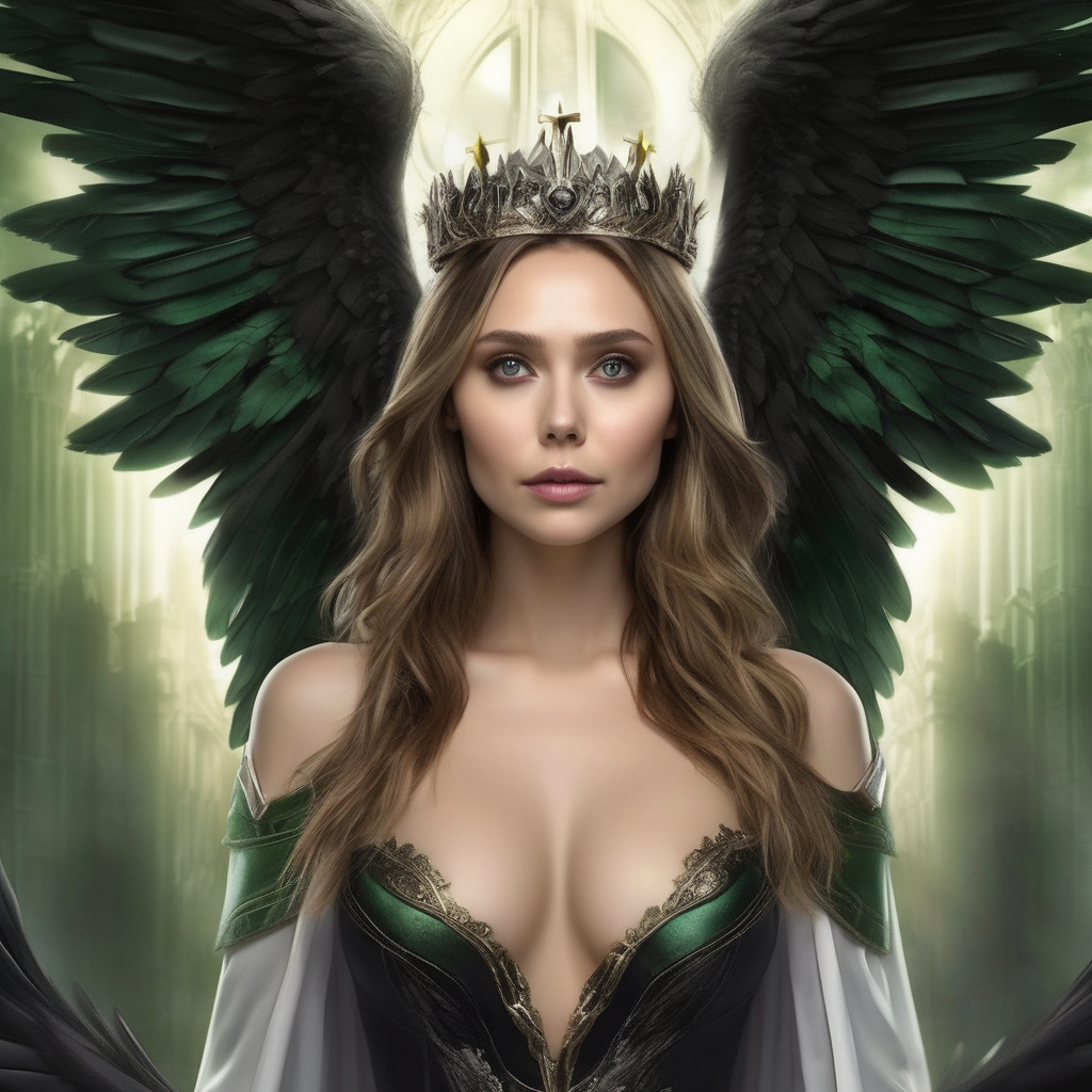  Angel girl, black wings, heaven, small breasts, flying, crown on her head,cute face, green eyes, serious, Elizabeth Olsen,naked, realistic photo
