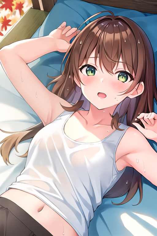  1girl, brown hair, green eyes, colorful, autumn, cumulonimbus clouds, lighting, blue sky, falling leaves, garden, (( wet clothes )), (( wet )), (( sweat )), (( white tank top )), (( hand up )), (( on back )), (( bed )), (( bedroom ))