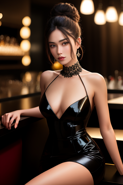  (adult:1.4), Alluring woman, high bun hair, black dress, sitting in bar, masterpiece, (detailed face), (detailed clothes), 1 girl, (woman), f/1.4, ISO 200, 1/160s, 4K, unedited, symmetrical balance, in-frame