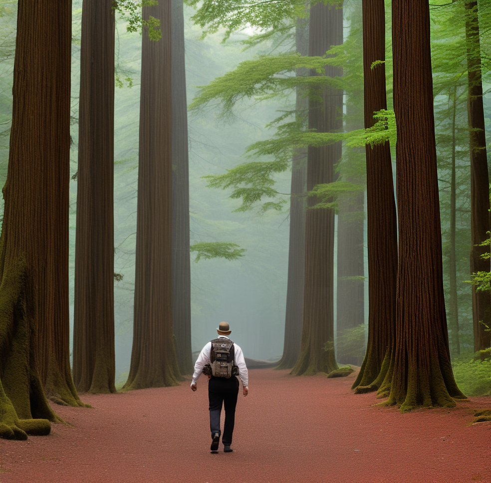  robot wanderer strolling through the forest of towering redwoods hyperrealistic, full body, detailed clothing, highly detailed, cinematic lighting, stunningly beautiful, intricate, sharp focus, f/1. 8, 85mm, (centered image composition), (professionally color graded), ((bright soft diffused light)), volumetric fog, trending on instagram, trending on tumblr, HDR 4K, 8K