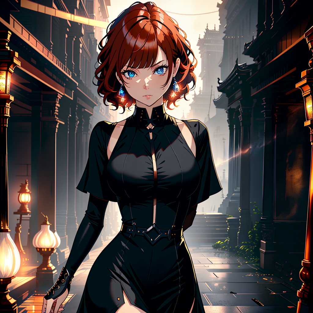  ((trending, highres, masterpiece, cinematic shot, )), 1girl, chibi, female goth clothing, temple scene, short wavy orange hair, asymmetrical bangs, blue eyes, shy personality, mischievous expression, fair skin, epic, energetic hyperrealistic, full body, detailed clothing, highly detailed, cinematic lighting, stunningly beautiful, intricate, sharp focus, f/1. 8, 85mm, (centered image composition), (professionally color graded), ((bright soft diffused light)), volumetric fog, trending on instagram, trending on tumblr, HDR 4K, 8K